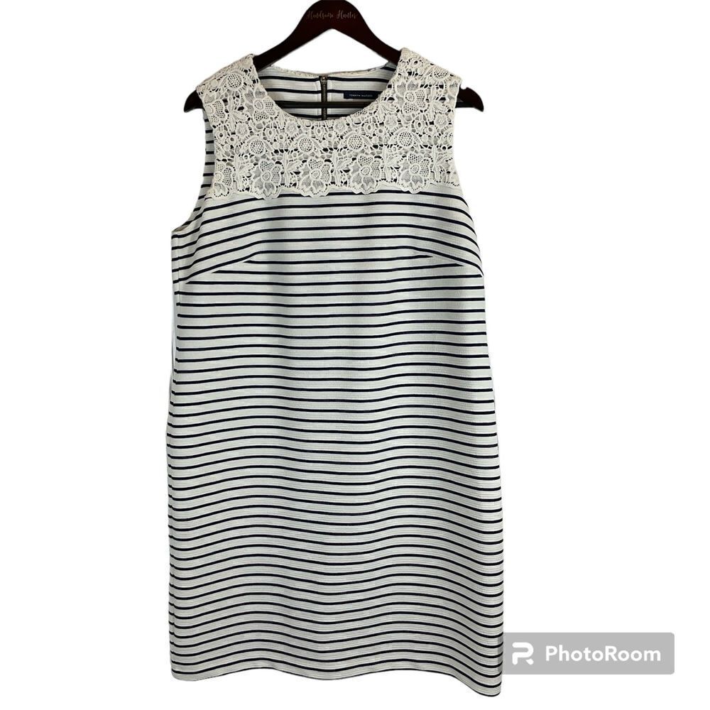 New Tommy Hilfiger Women Sz 16 Dress White Lace Navy Striped Sleeveless Sheath